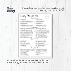 Plantilla editable de lista de fotos para fotografía de bodas (PDF imprimible)