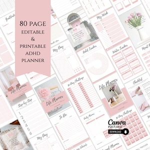 May include: An 80-page printable planner designed for people with ADHD. The planner features a pink and white color scheme and includes pages for daily planning, habit tracking, meal planning, and more.
