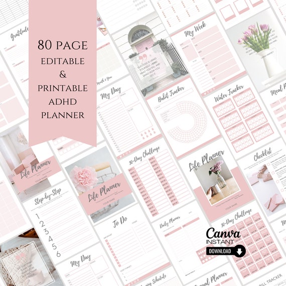 Editable ADHD Life Planner: Daily Productivity Journal (Canva, Printable)