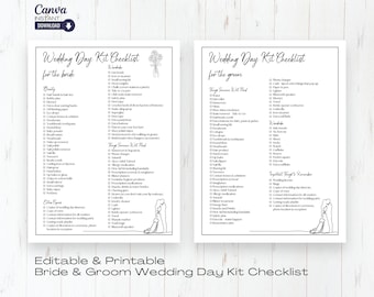May include: A printable checklist for a wedding day. The checklist is divided into two sections: one for the bride and one for the groom. The checklist includes items such as hairspray, safety pins, contact lens solution, and copies of wedding day timelines.