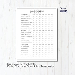 Editable Daily Routine Checklist Template, Printable Daily Routine Chart, Adult Routine, Kids Routine, Responsibility Chart, Habit Tracker