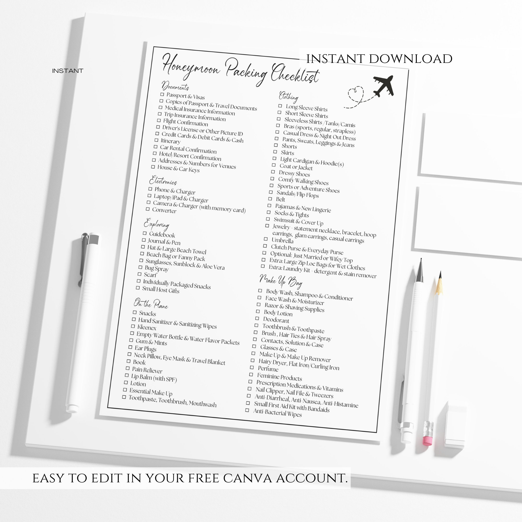 Editable Honeymoon Packing List Template, Printable Honeymoon Planner, Vacation Packing