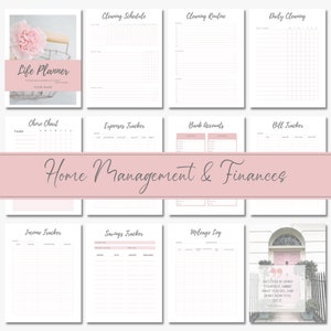 May include: A printable home management and finances planner with sections for cleaning schedules, chore charts, expense tracking, bank accounts, bill tracking, income tracking, savings tracking, and mileage logs. The planner has a pink and white colour scheme with a floral design and a quote about success.