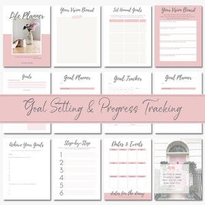 May include: A printable goal setting and progress tracking planner with pink accents. The planner includes sections for vision boards, annual goals, goal tracking, and step-by-step plans. It also includes a calendar for dates and events. The text "Goal Setting & Progress Tracking" is featured in a pink banner.
