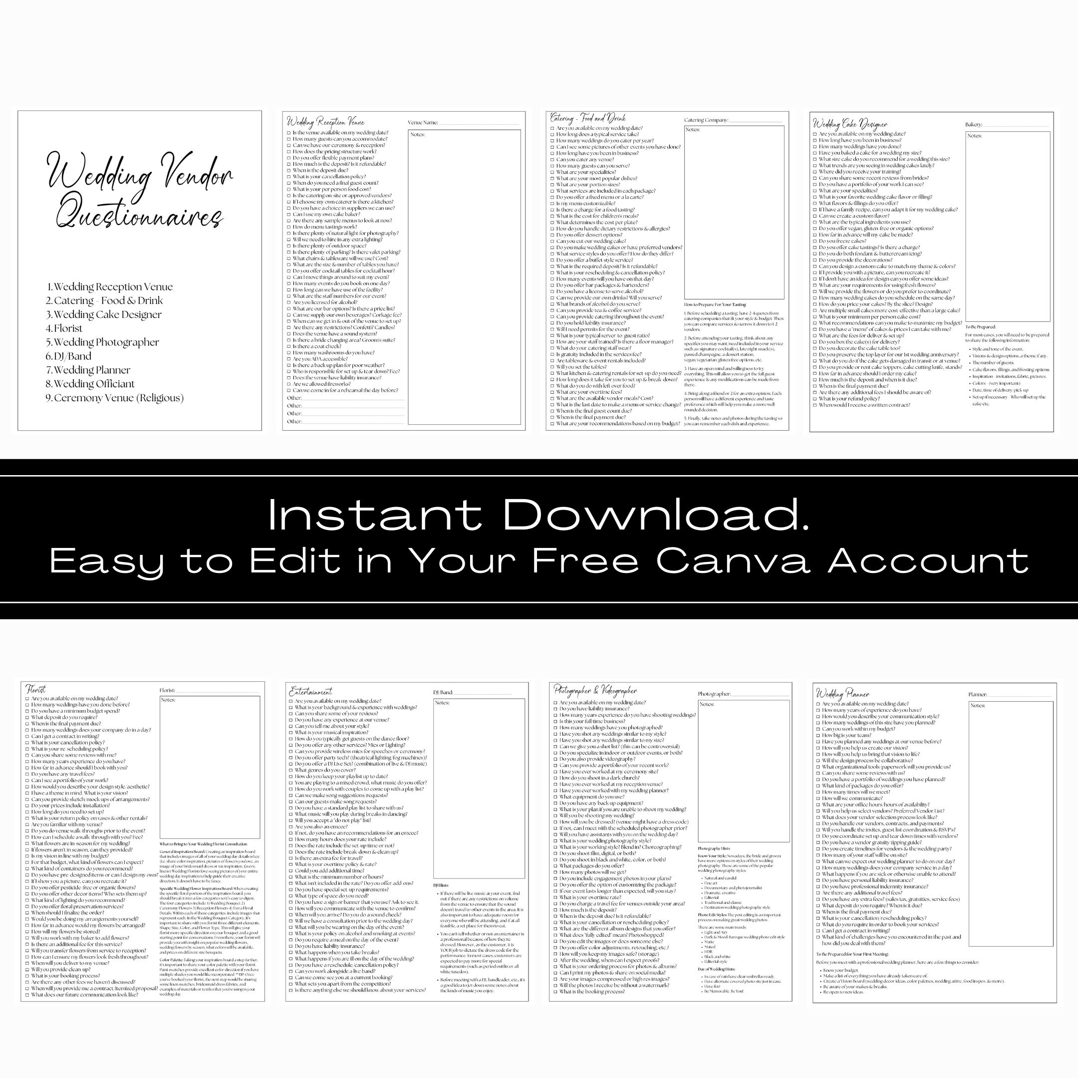 Wedding Vendor Notes.pdf Editable Wedding Vendor Questionnaire Checklist Template Bundle ...