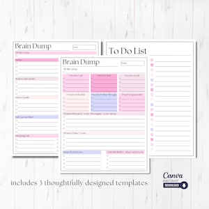 Peut inclure: Pages de planificateur imprimables avec des accents roses et bleus. Les pages sont intitulées "Brain Dump" et "To Do List". Les pages comprennent des sections pour "My Big Goal", "Need to Call", "Need to Text", "Need to Email", "Need to Schedule", "Need to Follow Through", "Need to Speak With", "Want to Research", "Want to Make/Create", "What I Want to Do", et "Top Priorities".