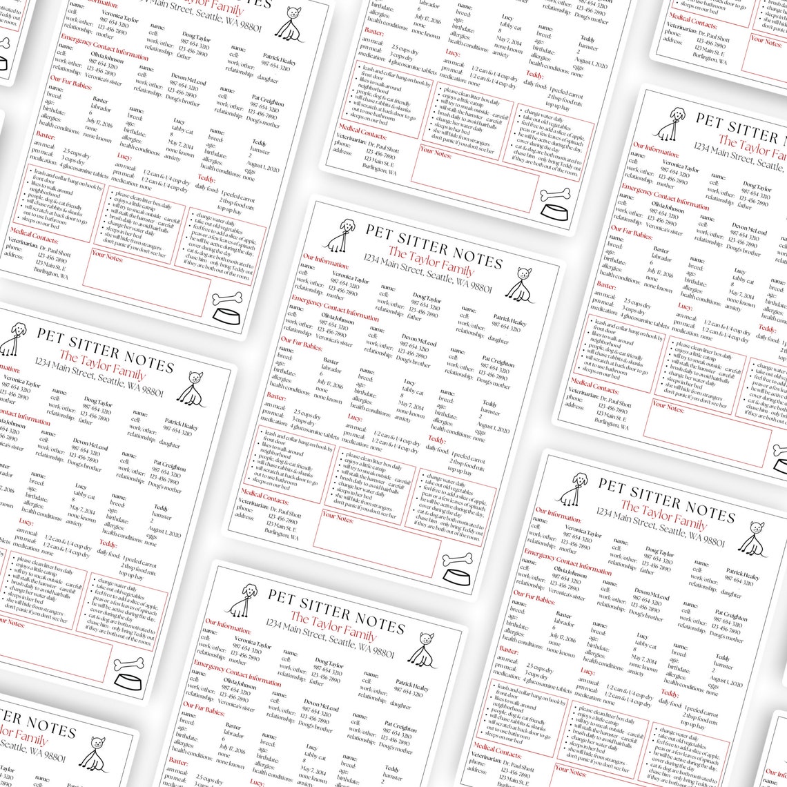 Editable Pet Sitter Notes Sheet, Printable Pet Sitter Plan, Pet