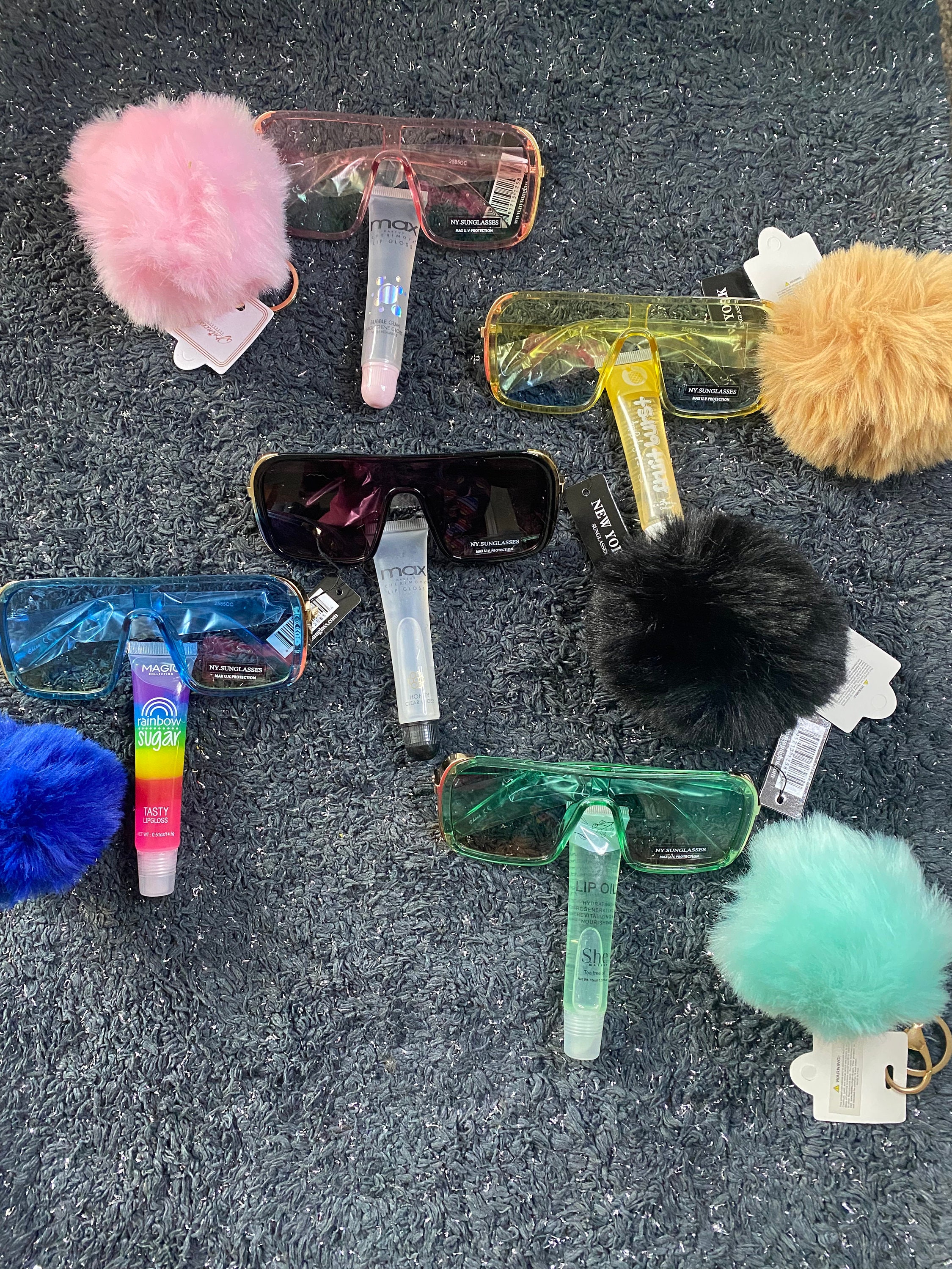 Stricklycharms84 Fur Ball Keychain Sunglasses and Lipgloss Bundle