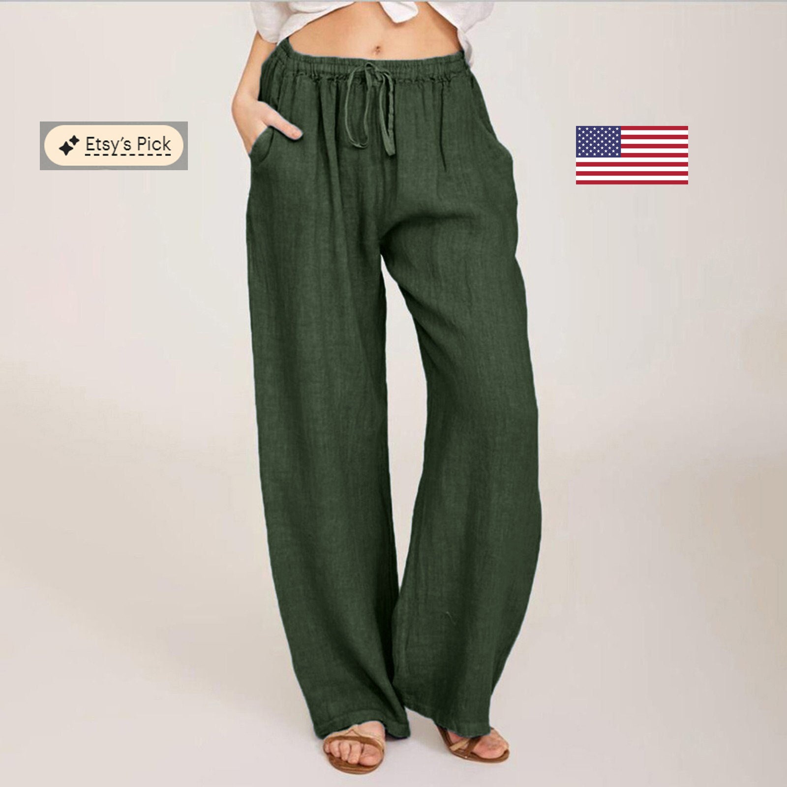 Cheap Women Spring Solid Loose Long Pants Straight Trousers Linen Cotton  Pants Elastic Waist Casual