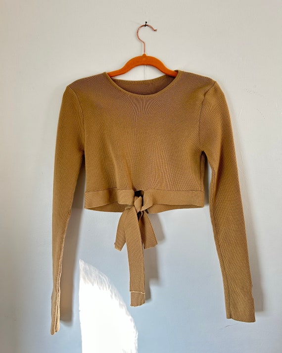 cropped camel tie-front knit top