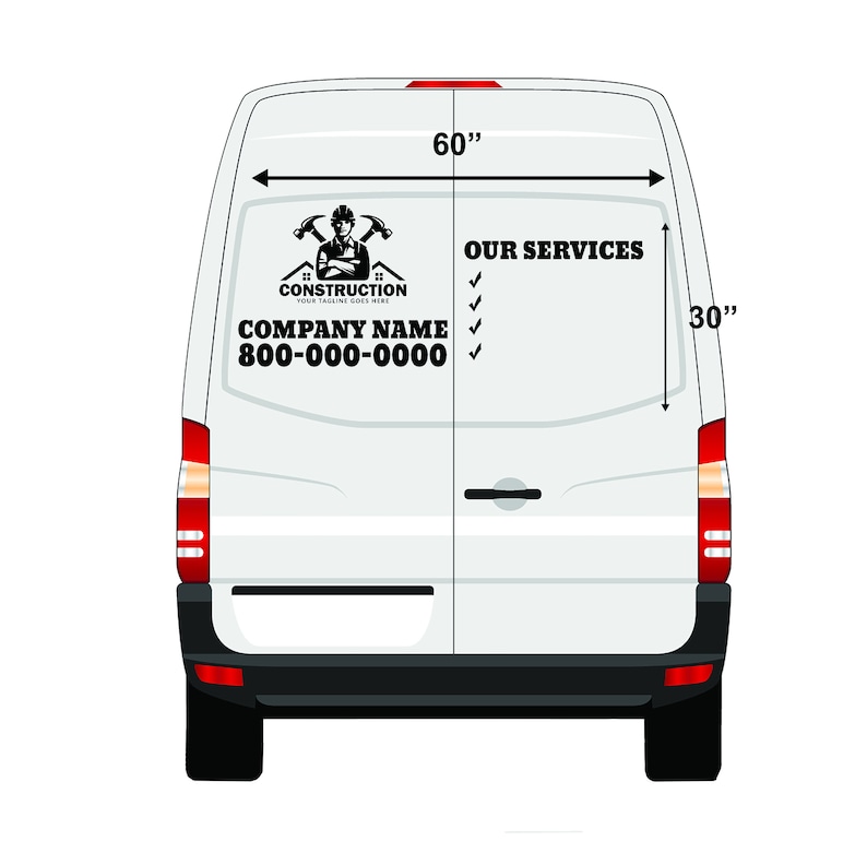 2 Van Construction Side Decals and Rear Decal . Commercial Vehicle