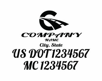May include: Black and white logo with a stylized letter C and a road design. The text "COMPANY NAME" is below the logo, followed by "City, State". The text "US DOT 1234567" and "MC 1234567" are below the company information.