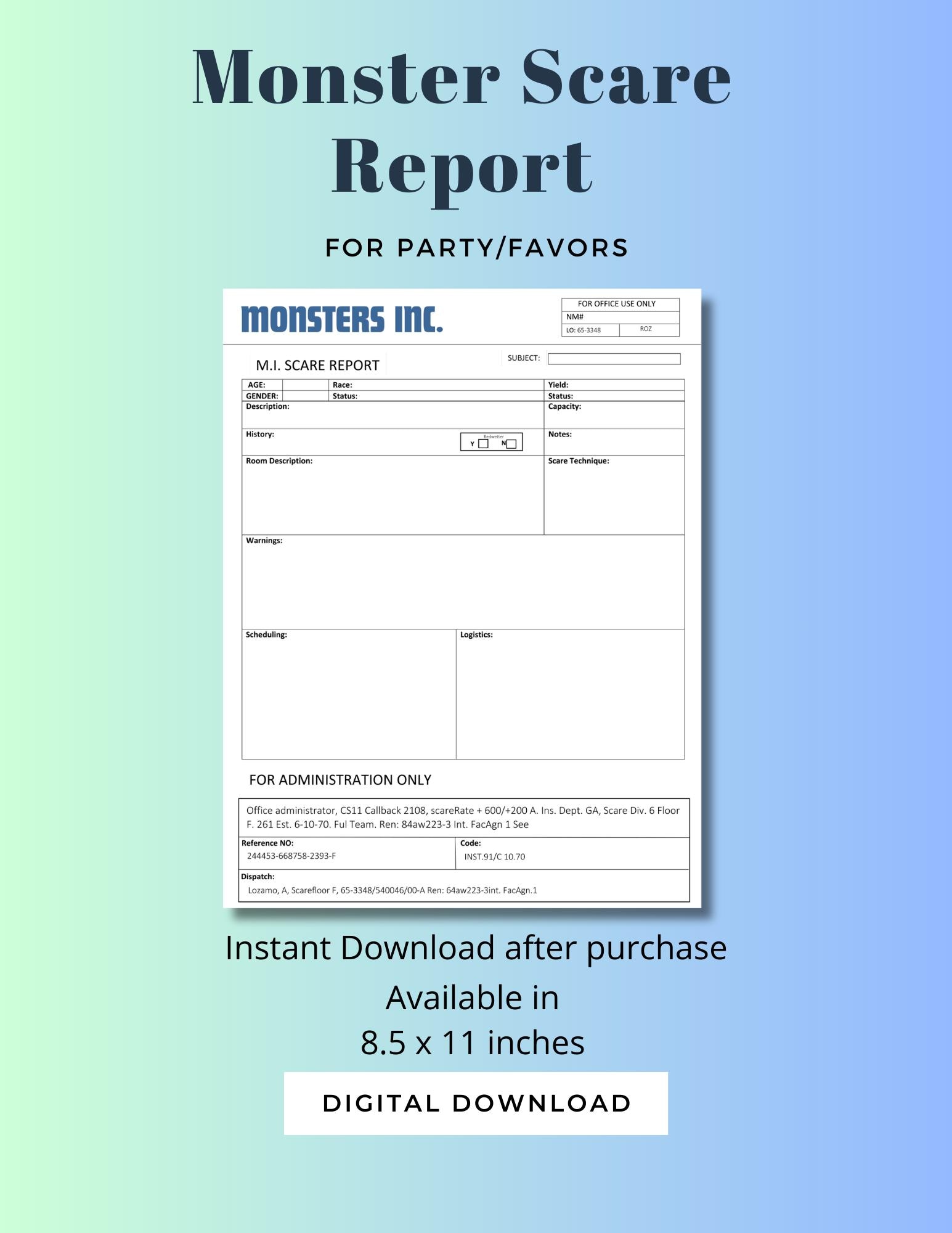Monster Inc Scare Report | Digital Download | Birthday Party Favor |  Instant Download - Etsy