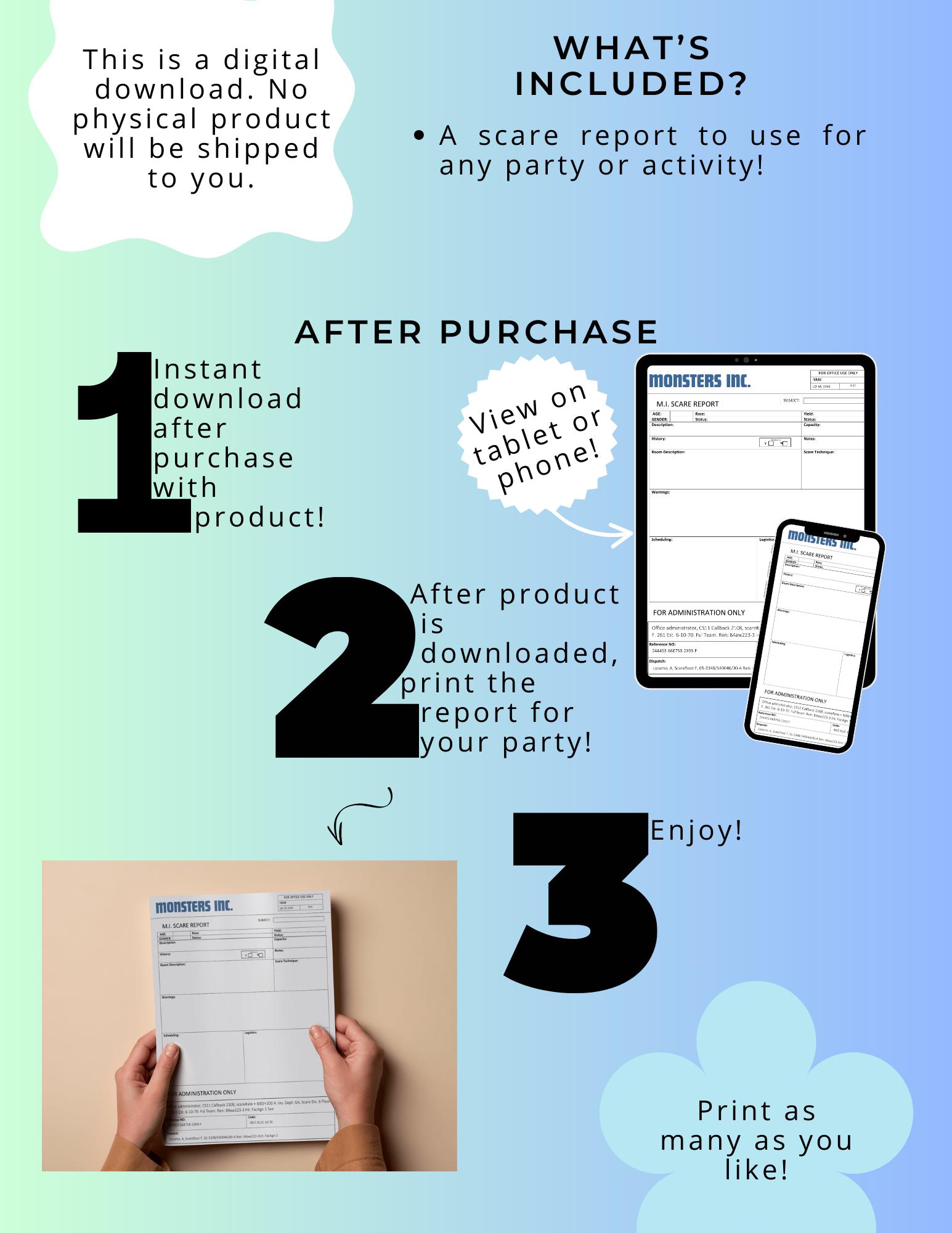Monster Inc Scare Report Digital Download Birthday Party Favor