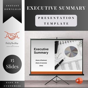 May include: A presentation template for an executive summary with 15 slides. The template features a black and white design with a red and orange accent color. The template includes a pie chart, line graph, and a calculator.