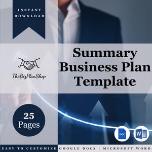 Könnte beinhalten: Eine blaue und weiße Grafik mit einem Handshake-Logo und dem Text "The Biz Plan Shop" sowie dem Text "Zusammenfassung Businessplan Vorlage" in einem weißen Kasten. Die Grafik enthält außerdem einen blauen Pfeil, der nach oben zeigt, und den Text "25 Seiten" in einem weißen Kreis. Der Text "EINFACH ANZUPASSEN GOOGLE DOCS | MICROSOFT WORD" befindet sich am unteren Rand der Grafik. Die Grafik befindet sich auf einem blauen Hintergrund.