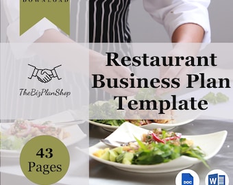 May include: A restaurant business plan template with 43 pages. The template is available in Google Docs and Microsoft Word formats. The image shows a chef plating a dish of food.