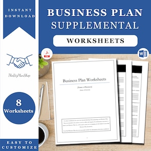May include: A business plan worksheet template with the title "Business Plan Worksheets" and the text "Name of Business" in a placeholder box. The template is designed to help you plan and organize your business plan. It includes 8 worksheets and is easy to customize.