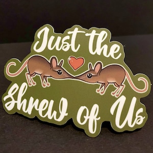 Op de afbeelding: Een groene sticker met twee cartoonspitsmuizen die elkaar kussen. De tekst "Just the Shrew of Us" is geschreven in wit cursief schrift.
