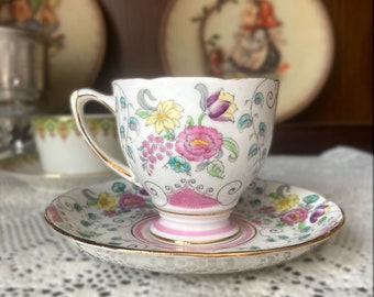 Vintage Royal Grafton Demitasse Cup & Saucer – 1950s Ingestre Floral, Gold Trim, Bone China
