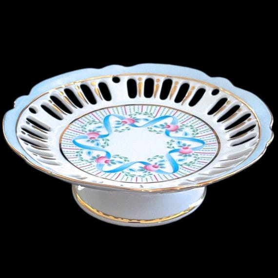 Vintage Royal Danube Pedestal Dish – Cutout Porcelain Trinket Plate with Floral & Ribbon Motif