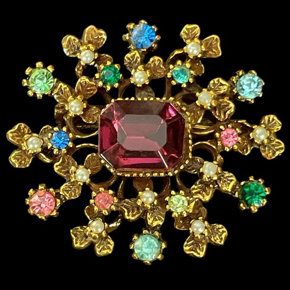 Vintage Floral Brooch – Purple Faux Gem, Midcentury 1950s–70s