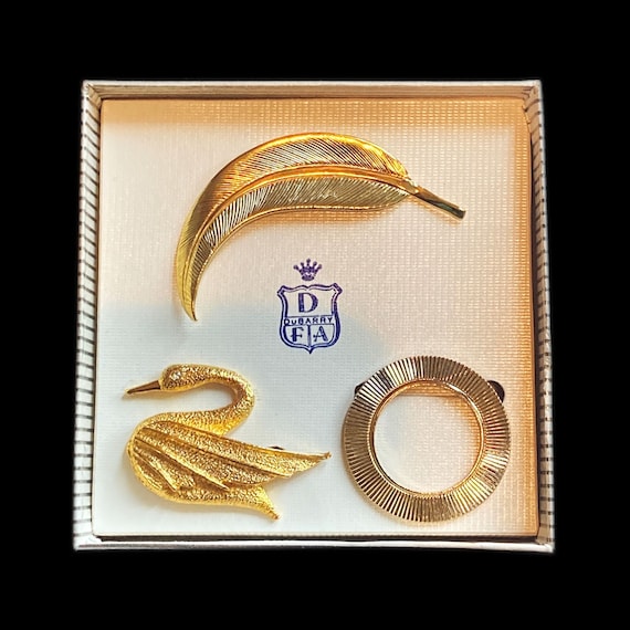 Vintage Dubarry Fifth Avenue Brooch Set - Gold-Tone Feather, Swan, Circle Brooches