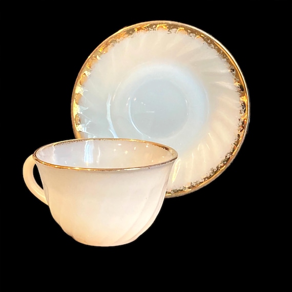 Vintage Fire-King Golden Anniversary Cup and Saucer – 1950s Anchor Hocking White Glass with 22K Gold Trim
