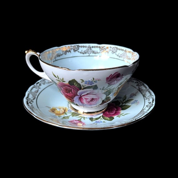 Vintage Royal Sutherland Bone China Cup and Saucer Set with Roses and Gold Trim