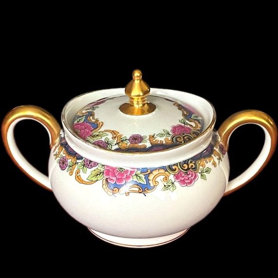 Antique J. Pouyat Limoges Porcelain Sugar Bowl & Lid – Floral Gold Trim, 1920s France