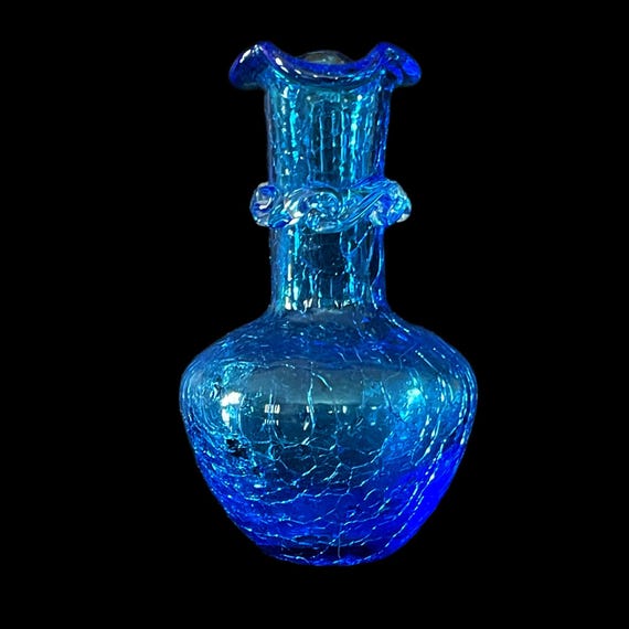 Vintage Blue Crackle Glass Bud Vase