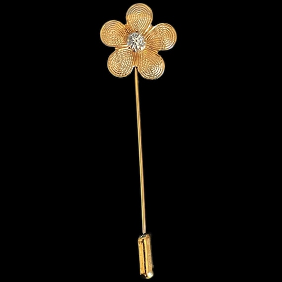 Vintage Gold-Tone Forget-Me-Not Stickpin – Rhinestone Center, Floral Lapel Pin