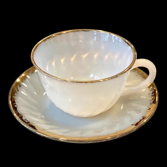 Vintage Fire-King Teacup & Saucer Set – 1950s Anchor Hocking White Glass, Gold Trim, Midcentury Tableware