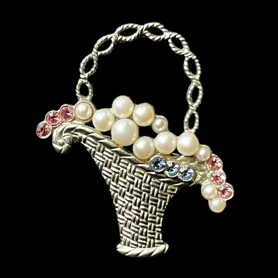 Flower Basket Brooch with Faux Pearls and Rhinestones - 1928 Jewelry Company