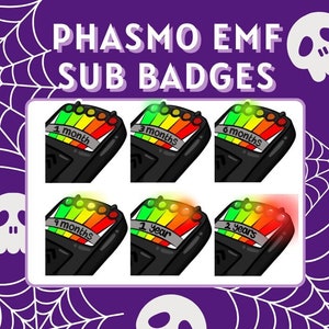 Könnte beinhalten: Sechs illustrierte EMF-Leser-Abzeichen für das Spiel Phasmophobia. Die Abzeichen zeigen verschiedene Stufen der EMF-Aktivität, wobei die Lichter am Leser von grün nach rot wechseln. Die Abzeichen sind mit der Zeit gekennzeichnet, die benötigt wird, um sie zu verdienen: 1 Monat, 3 Monate, 6 Monate, 9 Monate, 1 Jahr und 2 Jahre.