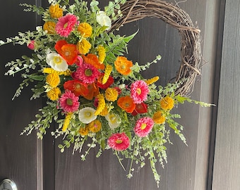 Door wreath, summer wreath, summer poppy, gerber daisy, floral wreath for front door, grapevine door wreath, bright floral wreath