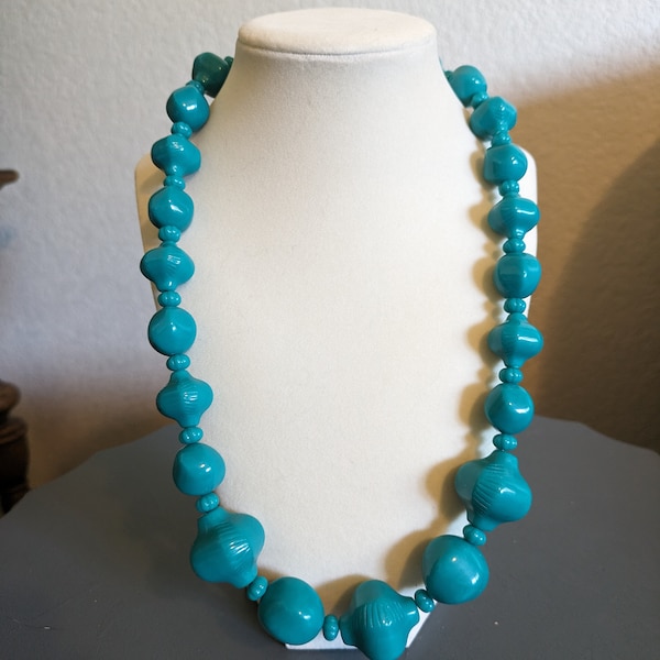 Vintage Long Teal Blue Plastic Beaded Necklace with Spring Ring Clasp