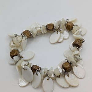 Vintage Genuine Shell Mother of Pearl Stretch Bracelet Dangle Charms; beach bohemian