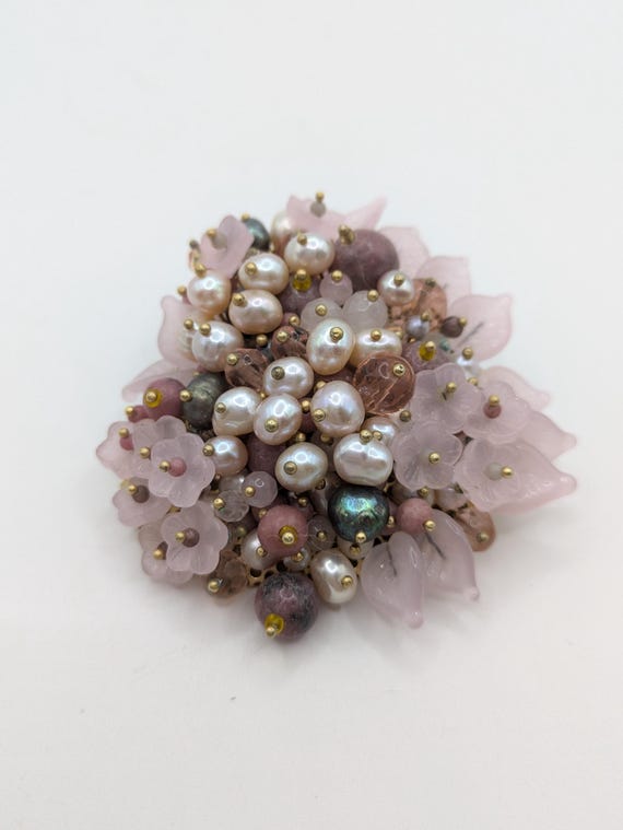 Beaded Flower Brooch: Glass, Pearl, Pink Heart - Valentine's Gift