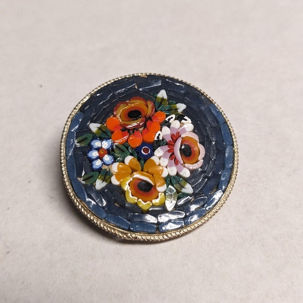 Beautiful old blue floral micro-mosaic floral brooch signed Villani (Italy)