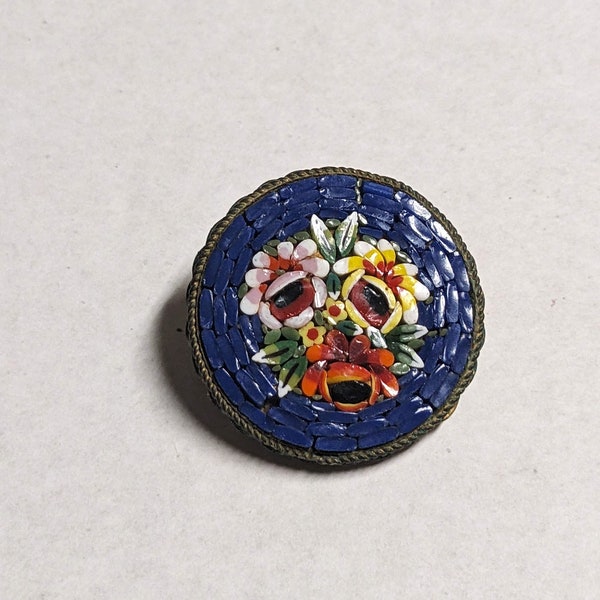 Beautiful vintage blue floral micro-mosaic floral brooch signed Italy