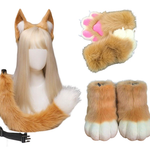 Kaki lichtbruine cosplay vos harige fursuit-set inclusief handpoten, voeten, oren en staart