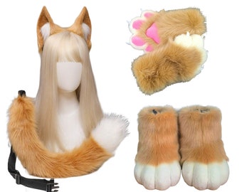 Khaki Light Brown Cosplay Fox Furry Fursuit Set Include Handpaws, Feet, Ears And Tail