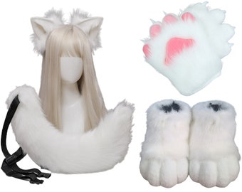 White Cat And Fox Cosplay Furrysuit Set Include Paws, Shoes, Ears And Tail