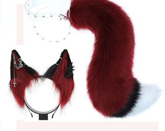 Dark Red Furrysuit Ears And Tail Set, Kids And Adults Cosplay Red Ears And Tail For Costume