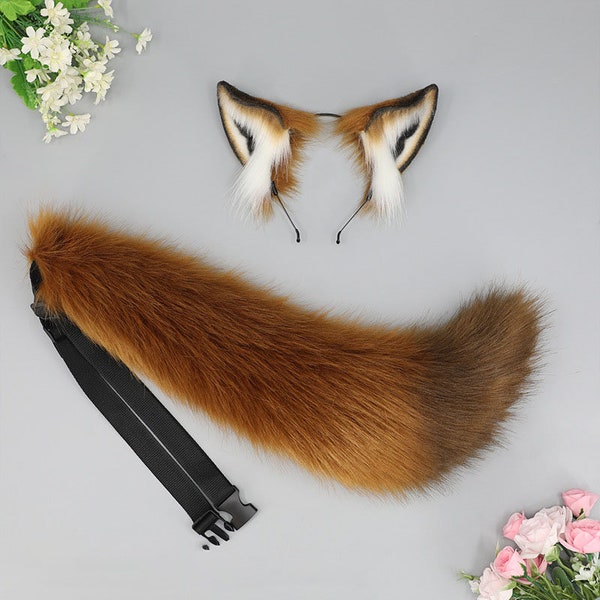 2PCS Dog Wolf Ears And Tail Set, Fox Furrysuit Tail And Ears Set, Cosplay Tail And Ears Set