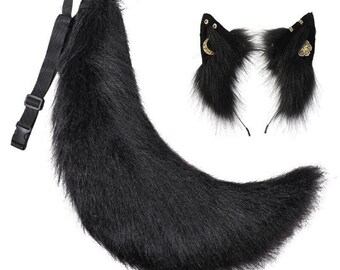 Black Wolf Furry Ears And Tail Set For Kids And Adults, Black Furrysuit Ears And Tail Set