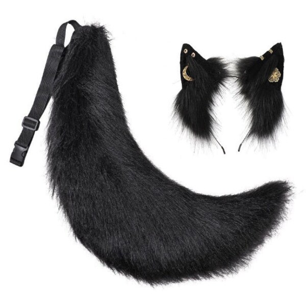 Black Wolf Furry Ears And Tail Set For Kids And Adults, Black Furrysuit Ears And Tail Set