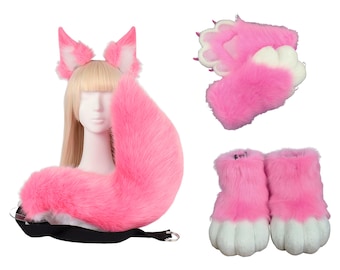 Pink Cosplay Cat Furry Fursuit Set Include Handpaws, Shoes, Ears And Tail