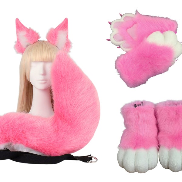 Pink Cosplay Cat Furry Fursuit Set Include Handpaws, Shoes, Ears And Tail